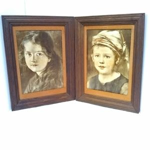 2 Antique 1910s-20's European Boy & Girl  Paintings Wooden Padded Frames  16x12
